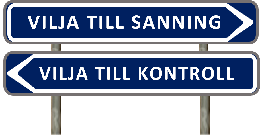 Vägskyltar som pekar i olika riktningar: 'Vilja till sanning' och 'Vilja till kontroll'.