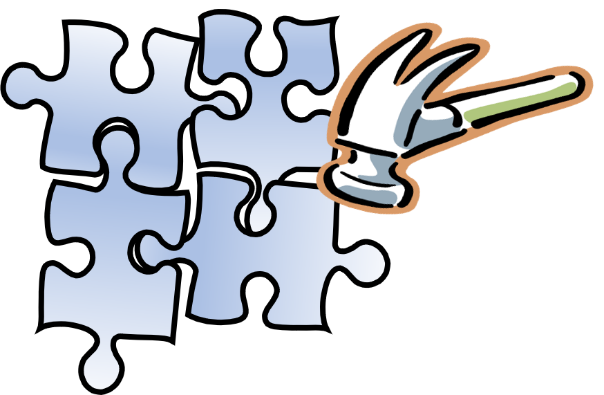 Putting the pieces of the puzzle together with a hammer.